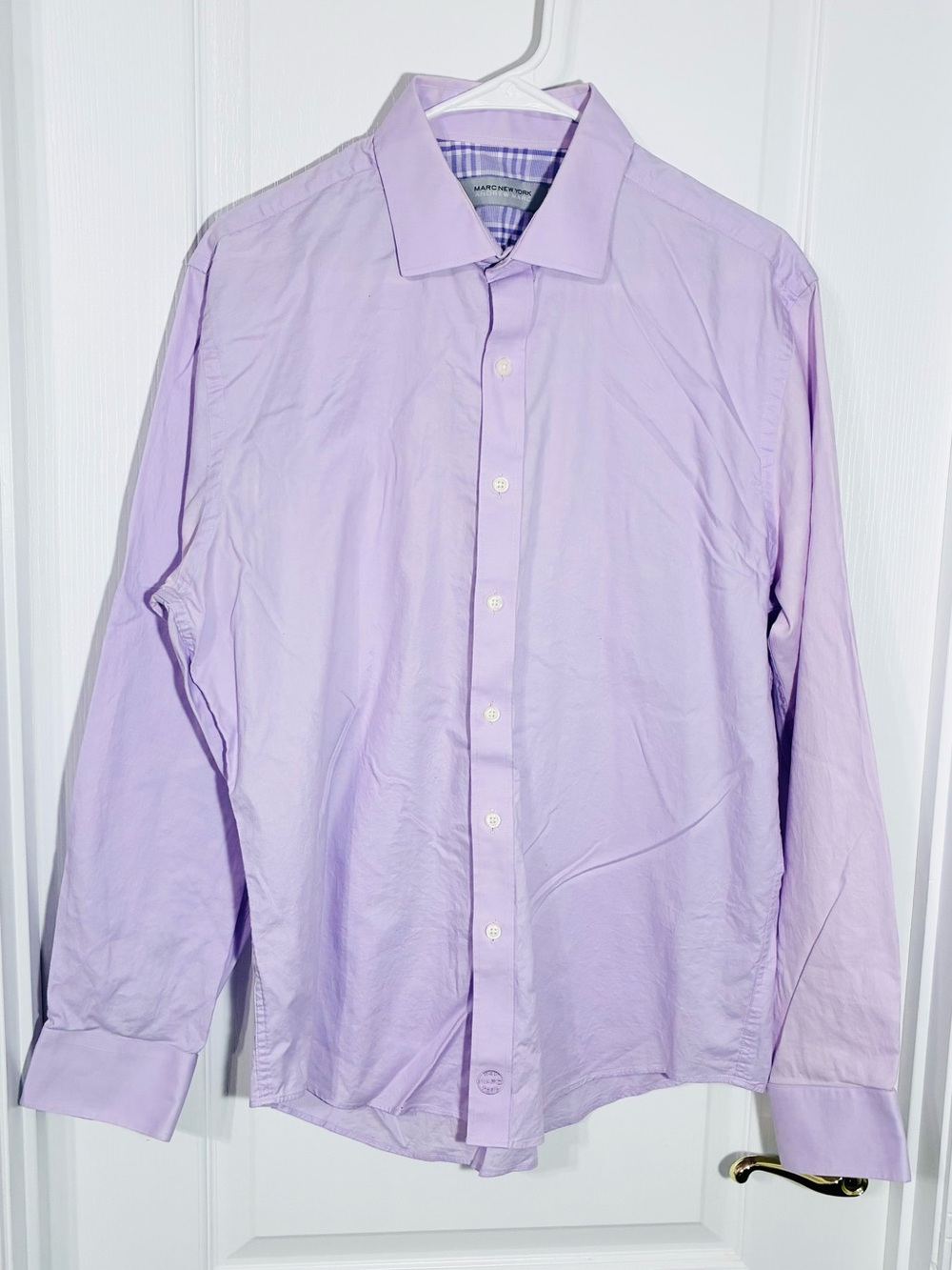 Marc New York Purple Plaid Trim Cotton Button Up Dress Shirt Large 16.5 34/35